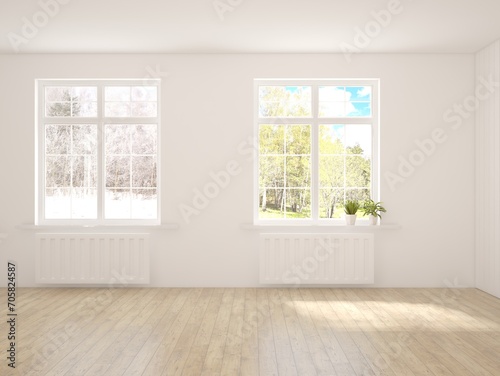 White empty room with summe and winter landscape in window. 3D illustration