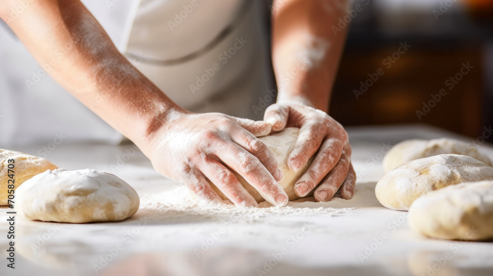 Baker's hands kneading a round loaf of bread dough on a marble surface with visible flour dust. Concept evokes fresh, handmade baking and traditional art of bread-making