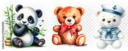 set of teddy bears and ribbon, cute teddy, white hat, brown bear. © Siarhei