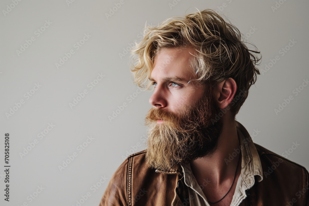 Profile portrait of handsome Caucasian bearded blonde man contented expression and healthy hair