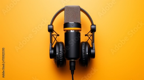 The dynamic duo of professional podcasting, a microphone and headphones, set against a yellow backdrop, perfect for high-quality audio recording and music production. photo