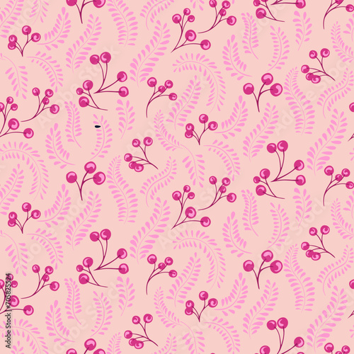 Stylized pink seamless pattern with creative berries branches and leaves stem. Vector hand drawn sketch. Retro simple background with tiny floral leaf branches and drops. Design for fashion, fabric