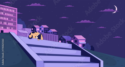 Sleeping dog on hillside stairs cityscape 2D cartoon background. Stray puppy resting stone steps colorful aesthetic vector illustration, nobody. Night town hill flat line wallpaper art, lofi image