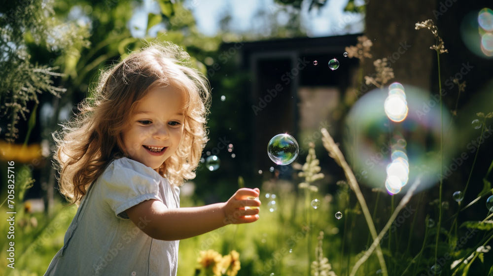 little happy girl playing with soap bubbles little happy girl playing with soap bubbles