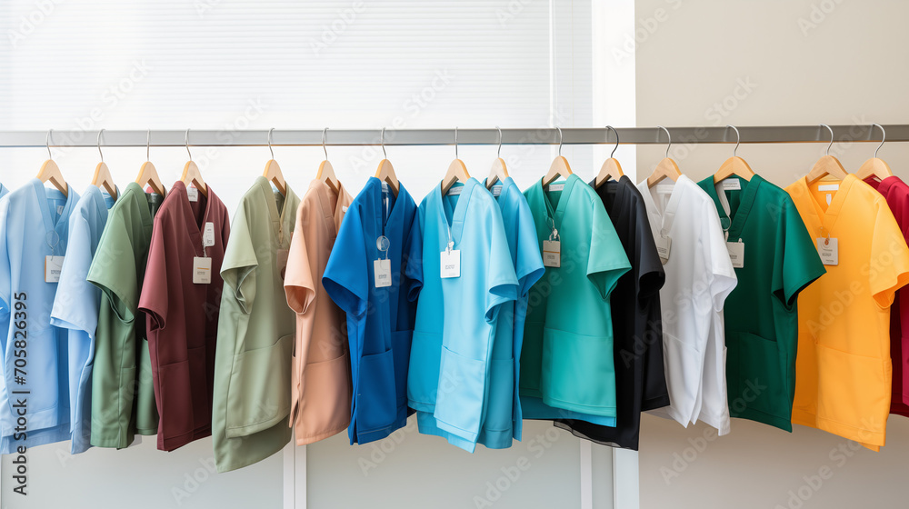 a variety of medical workwear / scrubbs on hangers. clothes on hangers a variety of medical workwear / scrubbs on hangers. clothes on hangers