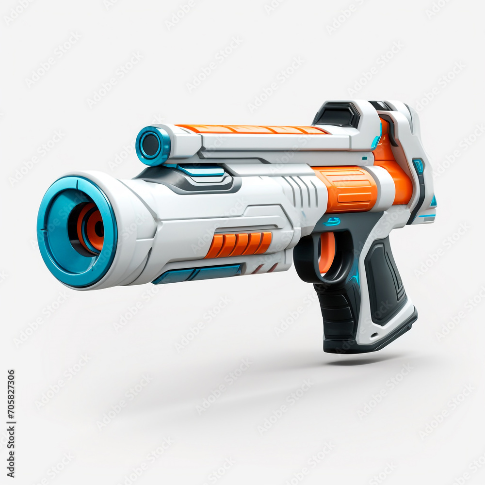 Futuristic laser weapon in white with orange and blue details, ultra-futuristic, perfect for games and gaming. White background. Design illustration 3D concept. Futuristic laser weapon in white with orange and blue details, ultra-futuristic, perfect for games and gaming. White background. Design illustration 3D concept.