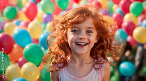portrait of a cute girl with curly red hair on a background of balloons.