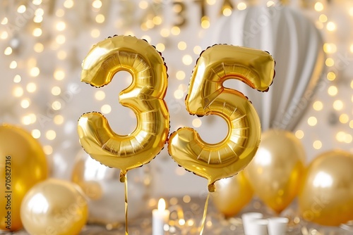35. Geburtstag, "35" aus goldenen Heliumballons, festlicher Hintergrund