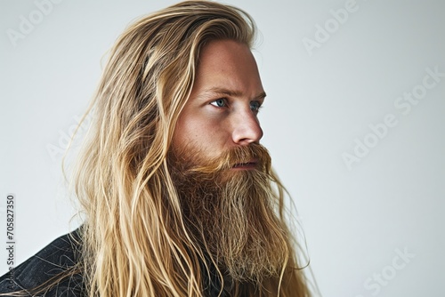 Profie portrait of handsome Norwegian bearded man is blond with long well groomed hair photo