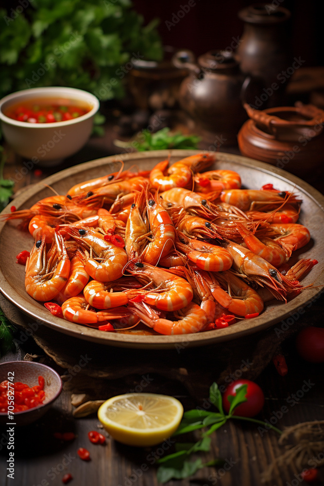 delicious juicy boiled shrimp on the table