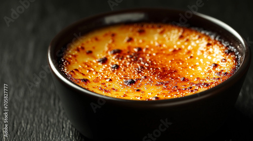 An ideal Creme Brulee dessert, beautiful presentation, the unusual color of caramel, and traced sugar. Homemade food, restaurant. Beautiful background. photo