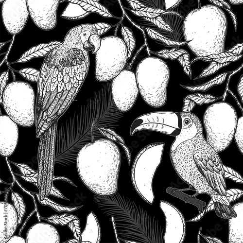 Tropical seamless pattern. Tropical design template. Parrot, toucan and mango fruit vector illustration. Summer design. Beautiful design for textiles. Print on cloth template.