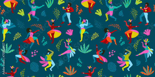 Vector seamless pattern with abstract men and women in bright costumes. Brazil carnival. Design templates for carnival concept and other