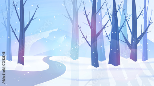 Winter landscape. Vector illustration. Road with forest. Flat style illustration. Snowfall. Mountains with blue sky. Design for wallpaper, background, banner, album.