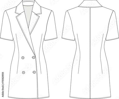 double breasted v neck short sleeve blazer jacket dress template technical drawing flat sketch cad mockup fashion woman design style model