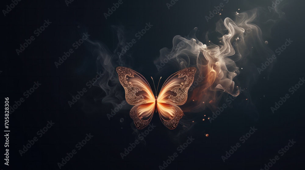 Magical creature butterfly concept with copy space on black background - obrazy, fototapety, plakaty 
