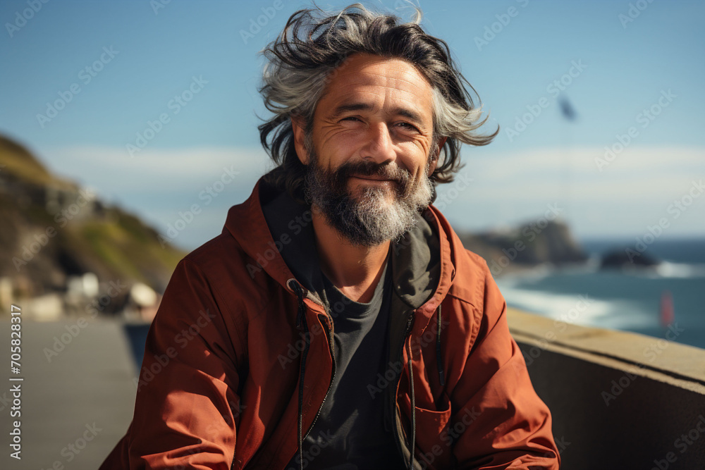 50 years old man with long gray hair riding on bicycle in sunny day and sea view in background. Copy space 50 years old man with long gray hair riding on bicycle in sunny day and sea view in background. Copy space