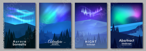  Aurora borealis landscape. Poster, cover, flyer template. Flat style. Set of abstract background. Vector illustration. Beautiful aurora with forest. Night starry sky.  photo