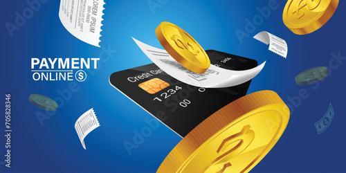 Bill of expenses is on mobile phone.Pay bills with mobile phone.Online shopping spending.Online shopping via smartphone.Bill payment flat isometric vector concept of mobile payment, shopping, banking.