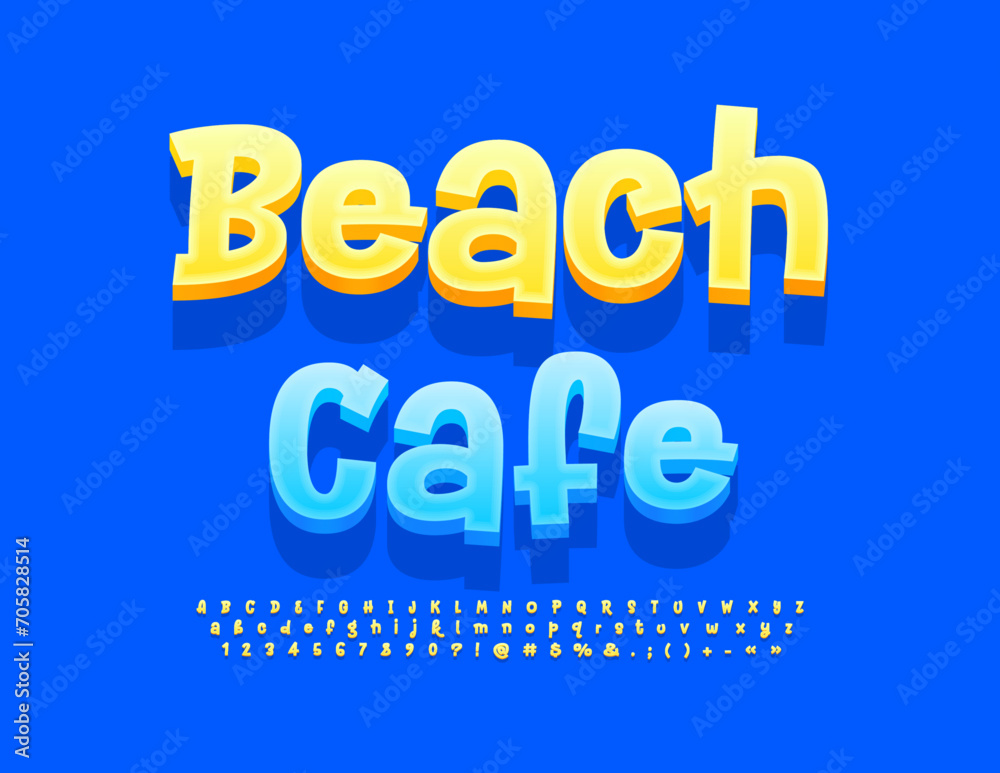 Vector stylish Sign Beach Cafe  Sunny Yellow Font. Funny handwritten  Alphabet Letters and Numbers.