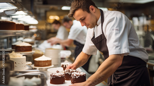 baker in a busy professional kitchen / bakery producing on cake after another photo