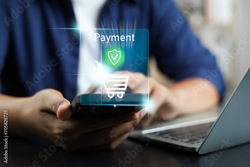 Digital Banking and Online Payment Concept. Man using mobile phone for transactions and online shopping, E-transaction and financial technology modern online shopping experience, Online purchase.