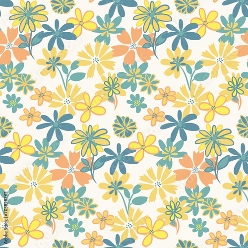 Colorful yellow seamless pattern with simple shape organic flowers. Vector hand drawn sketch doodle. Abstract summer background with liberty floral. Design for print  fashion  textile  fabric