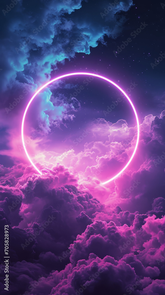 Surreal Neon Circle Amidst Cosmic Clouds for Dreamy Background