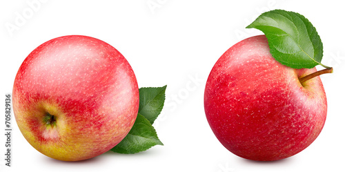 Red apple with leaves isolated. Apple on white background. Set of red appl with clipping path
