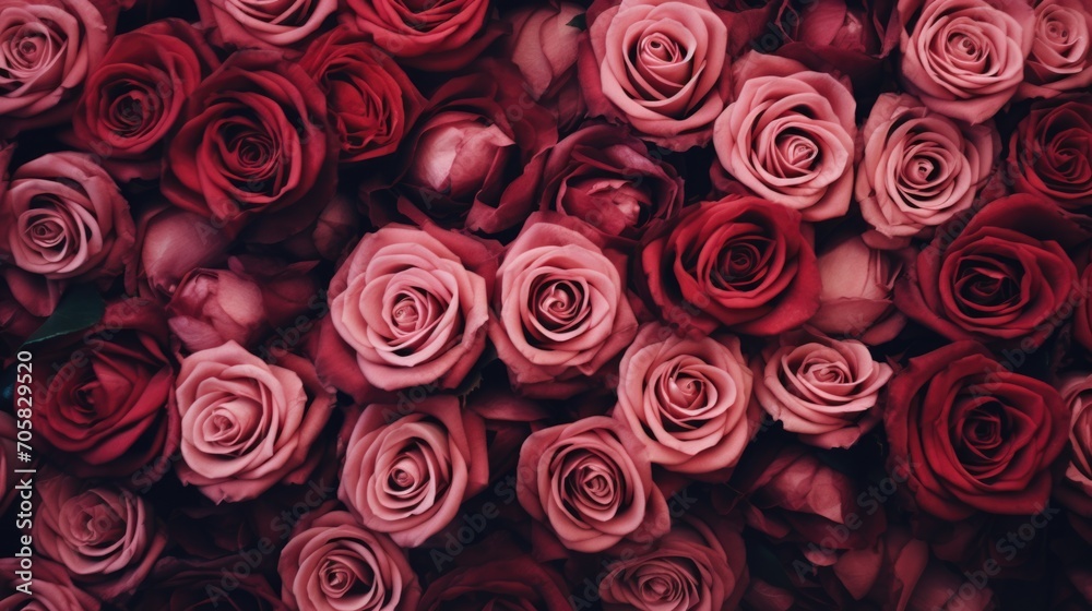 many red roses in a small bouquet Happy Valentine's Day Red rose flower wall background.