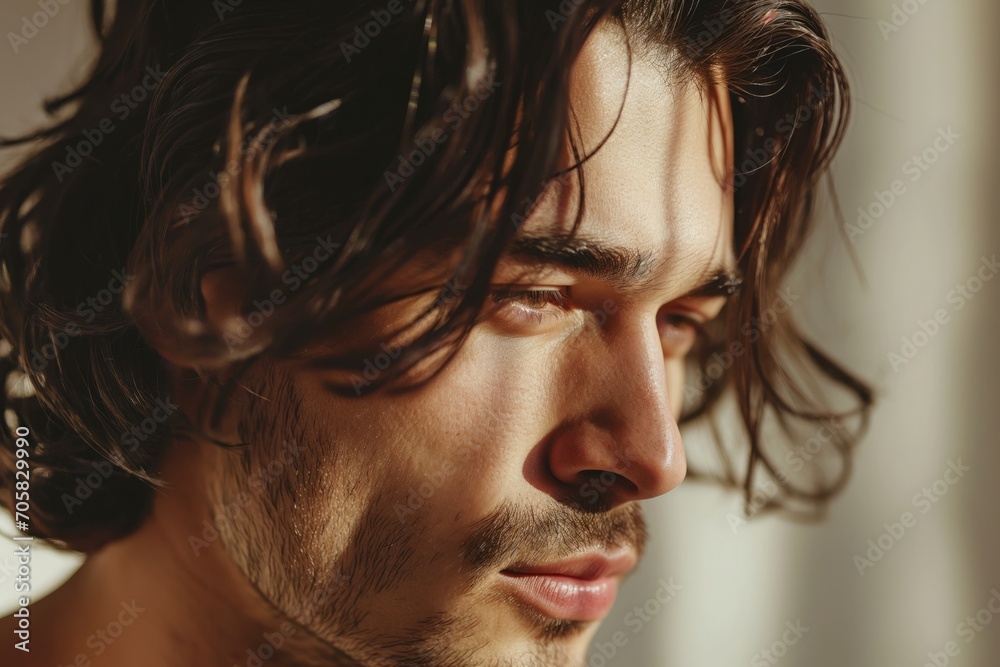 Profile portrait of handsome Caucasian brunette man with healthy hair in sunlight Profile portrait of handsome Caucasian brunette man with healthy hair in sunlight