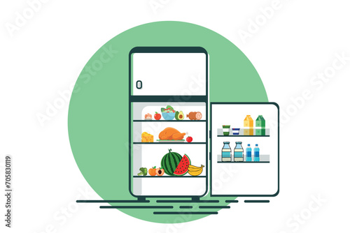 A refrigerator with a variety of healthy foods. A refrigerator with filled shelves. On white background with green circle.
