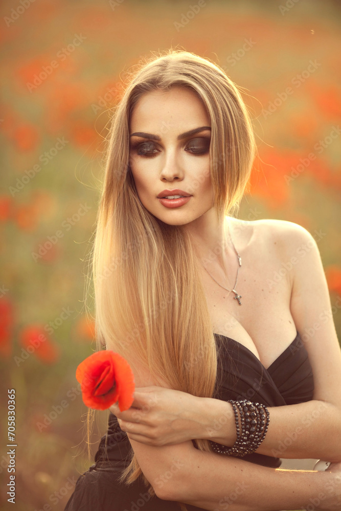 portrait of a girl with white hair in pink roses. in black clothes and smokey makeup. background rose bushes