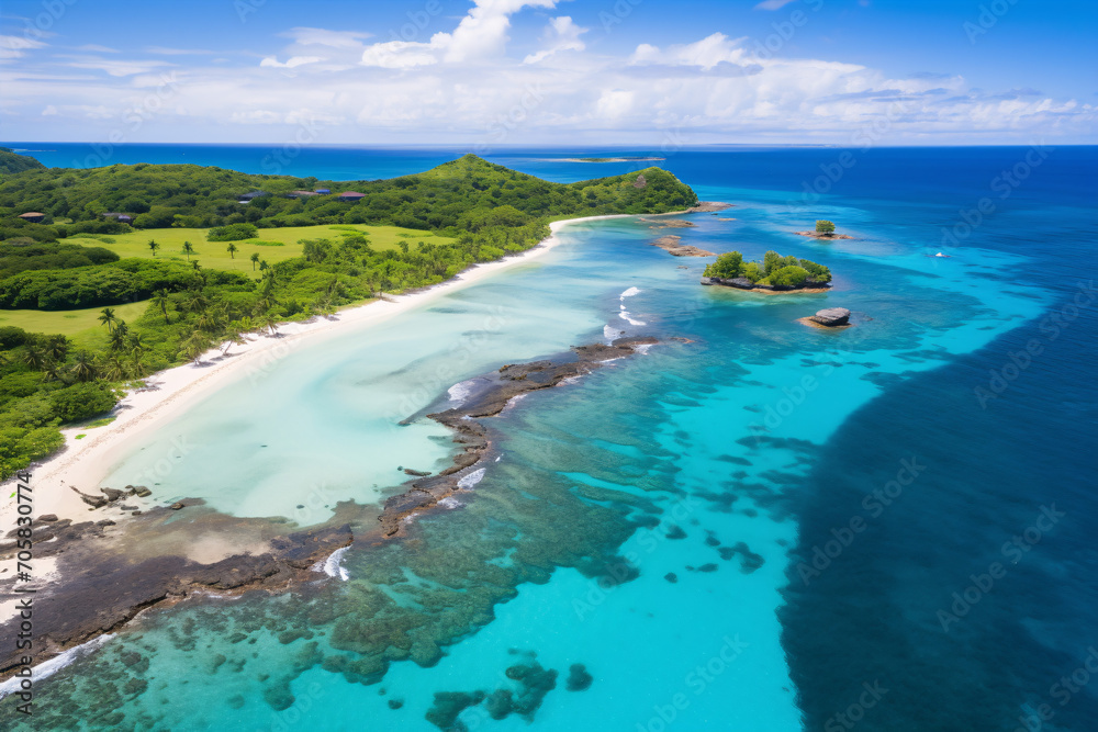 An aerial perspective of a verdant tropic shore, its azure waters, pallid beaches, and vivid coral reefs.
