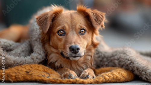 Dog with golden fur and brown eyes is lying on warm clothes and waiting for his owner with hope. Selective focus. Animal care. Animal adoption. Generated with AI 