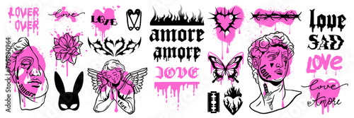 Y2k love tattoo sticker set  gothic heart icon  vector 90s vintage glam Valentine Day  angel. Greek sculpture head  2000s trendy emo butterfly  fire flame  pink graffiti lettering. Y2k love aesthetic