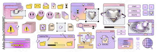 Retro computer window sticker set, vector 90s web old interface background frame, PC screen icon. Y2k nostalgic dialogue box, user desktop panel pop up vaporwave style. Acid retro computer aesthetic