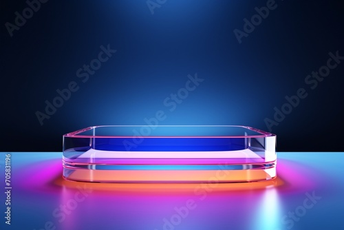 Vivid multicolored abstract backdrop created with clear and grooved plexiglass. Unoccupied display for marketing beauty items. Platform for showcasing and promoting new packaging. © ckybe