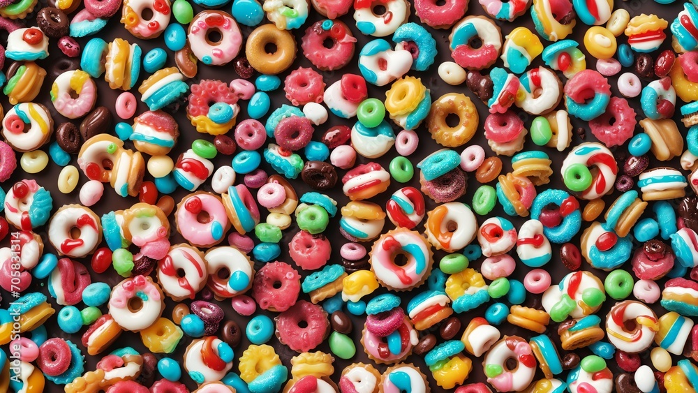 Fototapeta premium A colorful background of candy. Doughnuts in colored glaze, candies, jelly candies, chocolate, mint dragees, strawberry and raspberry marmalade. Chocolate cookies in glaze.