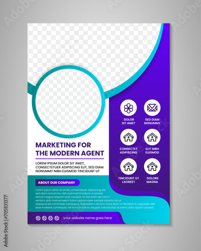 marketing flyer for modern agent Real Estate Or Home Sale banner Template. vertical layout with purple and blue gradient color. space for photo collage.