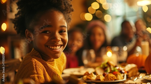 Joyful African American girl chuckling while relishing in Thanksgiving feast with her extended relatives in dining area.