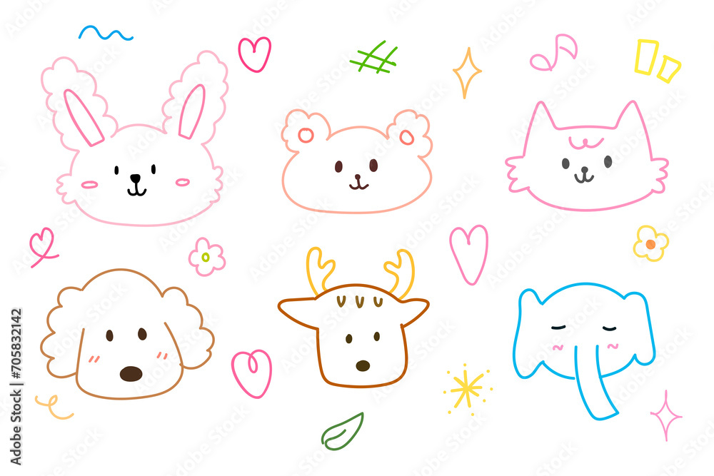 Cute face animal hand drawn doodle for element illustration and kid. Rabbit, bear, elephant, dog, cat and deer.