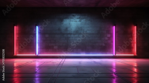 This futuristic sci-fi illustration features sleek neon lights in shades of purple, pink, red, and blue, reflecting on a grungy concrete floor against a black gradient background.