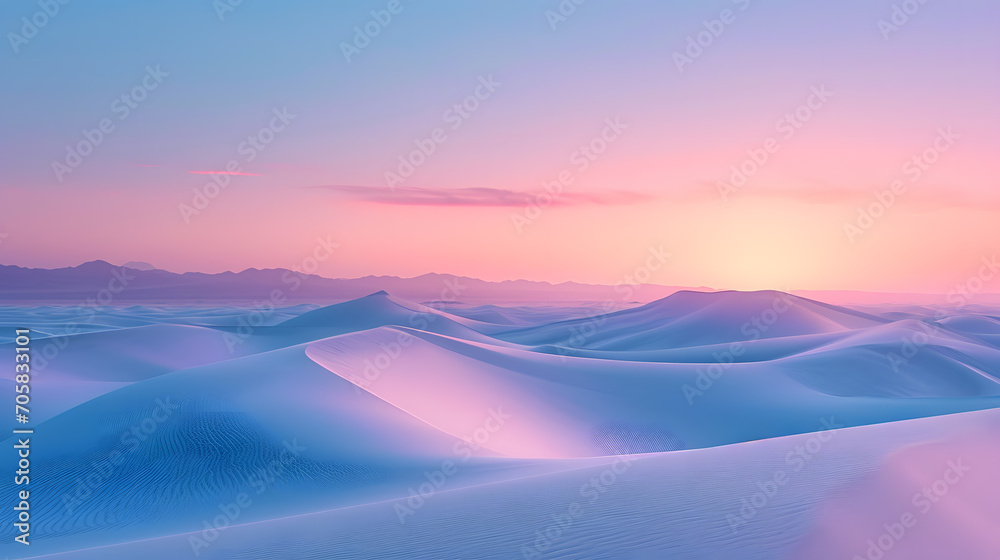 A desert landscape, with undulating sand dunes and a gradient sky displaying pastel colors, during a surreal twilight, capturing the essence of Psychic Waves, with serene gradients as calming elements
