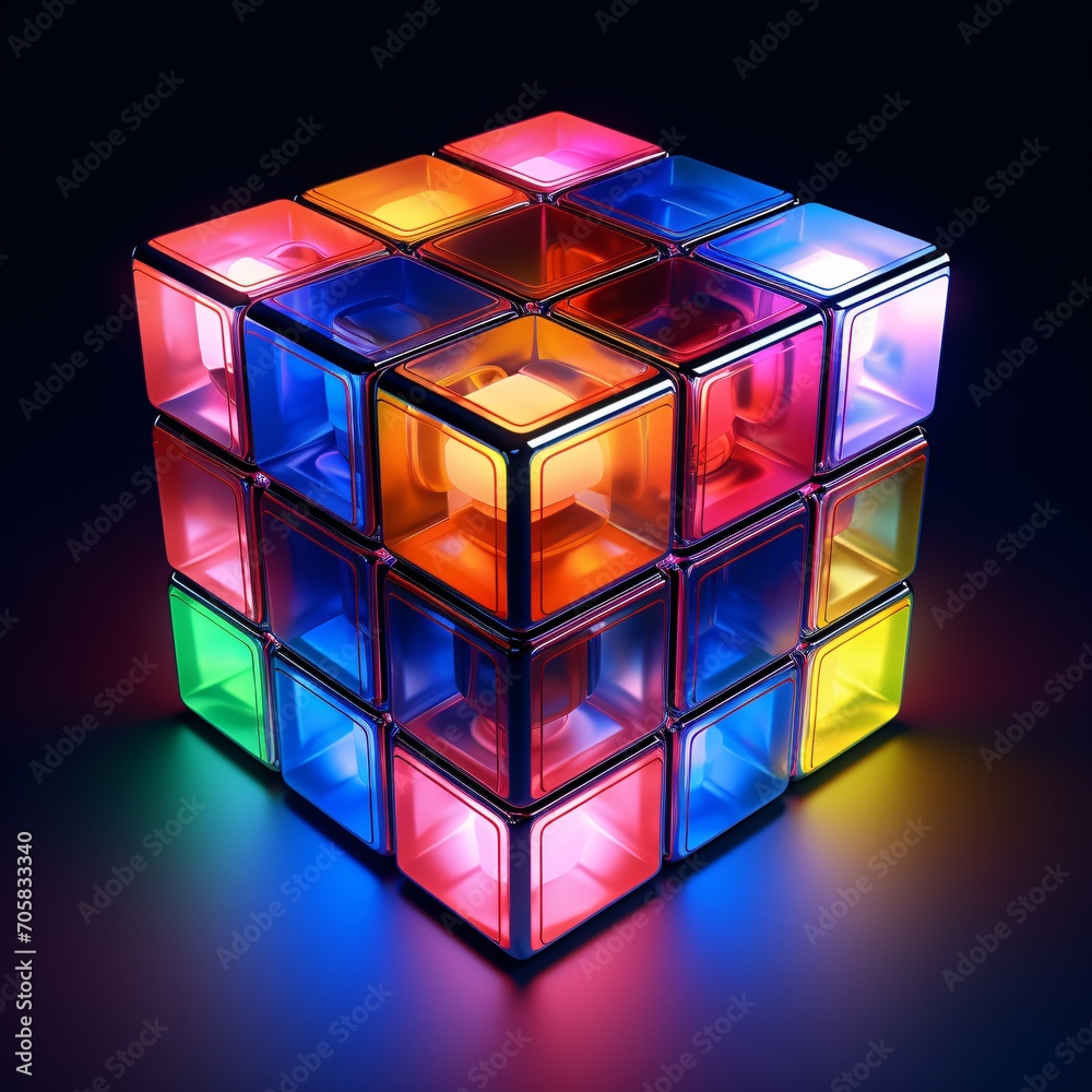 Obraz premium Colorful 3D Cube with Rainbow Lights Generative AI