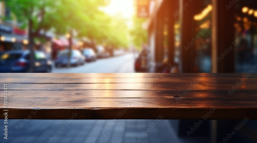Rustic Wooden Table Top with Empty Space for Design – Vintage Brown Desk Surface with Blur Background – Minimalist Home Office Mockup Concept