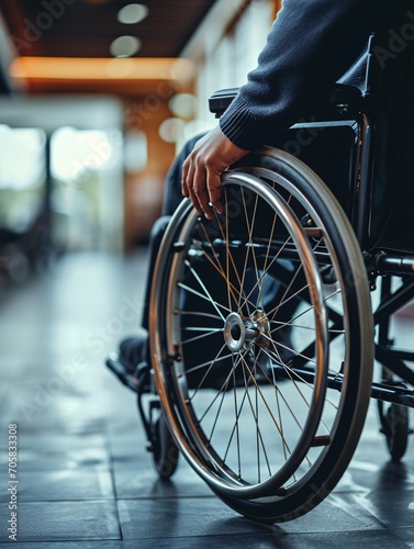 Handicapped individual holding wheelchair in hospital for medical assistance and aid.