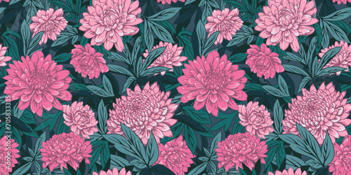Artistic abstract flowers and branches leaves seamless pattern. Vector hand drawn. Elegance pink floral and green leaf background. Stylized peonies, dahlias botanical illustration printing. 