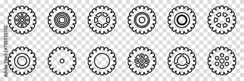 Simple Gear wheel collection. Cogwheel. Gears icon outline set. Setting gears icon. Machine gear icon vector set. Gear icons. Different style icons set. Vector illustration on a transparent background
