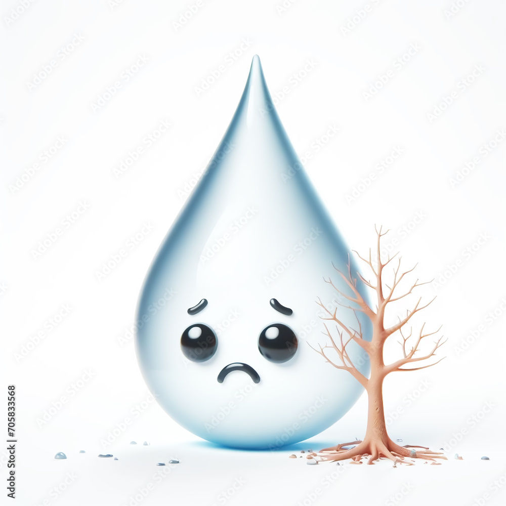 Water drops funny cartoon with a dry tree. World Environmental Education Day. AI generated Water drops funny cartoon with a dry tree. World Environmental Education Day. AI generated